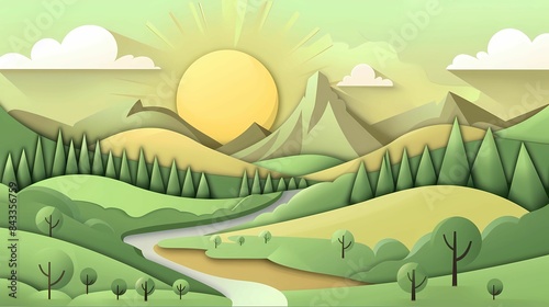 A illustration of a landscape with trees mountains and sun, Generative AI illustrations. 