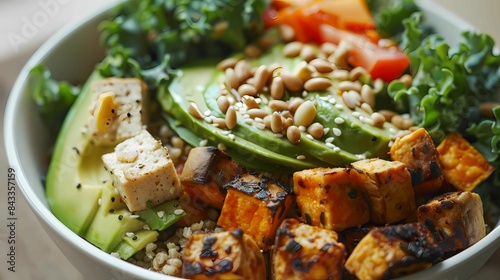 A bowl of food with rice, beans, beans, and vegetables, Generative AI illustrations. 