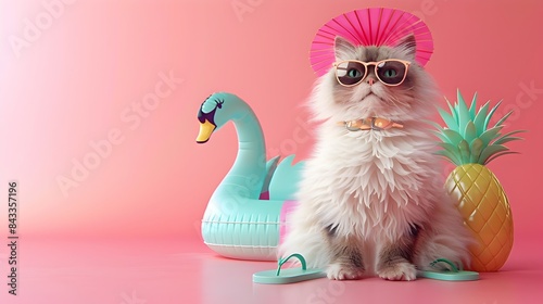 Surreal of Ragdoll Cat in Pastel Pink Summer Wear Including Sunglasses, Inflatable Swan, Pineapple and More photo