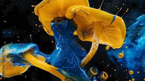 Abstract background of a blue mix yellow paint splashes dribbles onto the black background, Generative AI illustratiosn.  photo