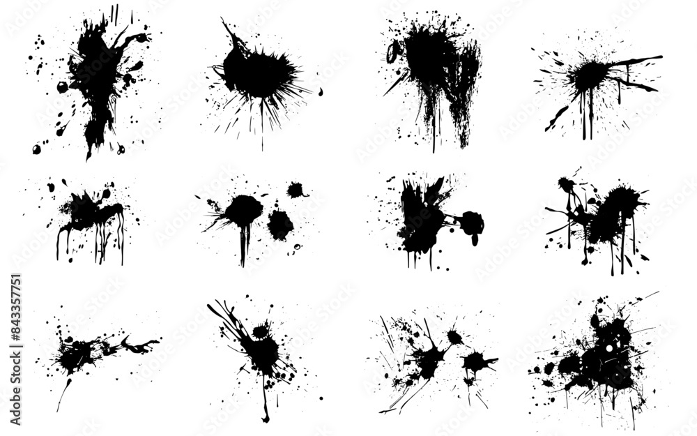 Ink drops and splashes. Blotter spots, liquid paint drip drop splash and ink splatter. Artistic dirty grunge abstract spot vector set. Illustration monochrome drip splash, splat messy inkblot