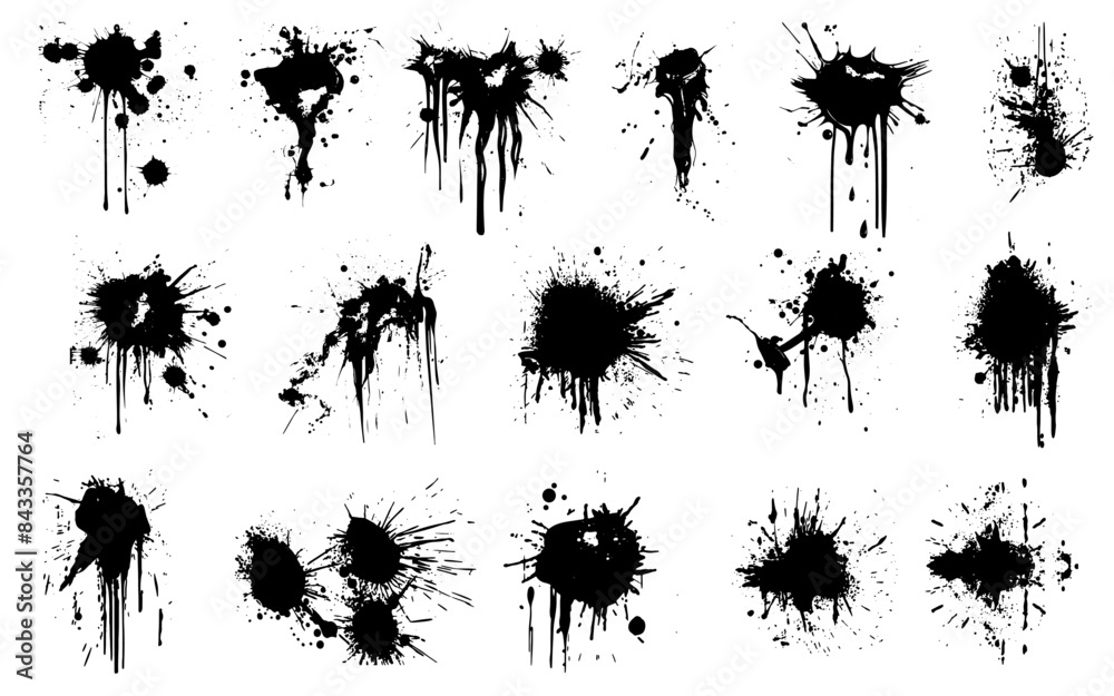 Vetor de Ink drops and splashes. Blotter spots, liquid paint drip drop ...