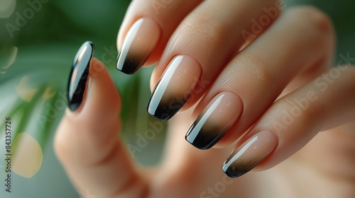 Close up of a woman's hand with black ombre nail polish photo