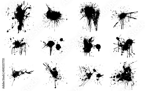 Ink drops and splashes. Blotter spots, liquid paint drip drop splash and ink splatter. Artistic dirty grunge abstract spot vector set. Illustration monochrome drip splash, splat messy inkblot