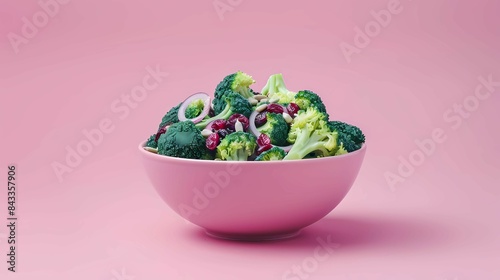 A bowl of broccoli  radishes and radishes on a pink table.