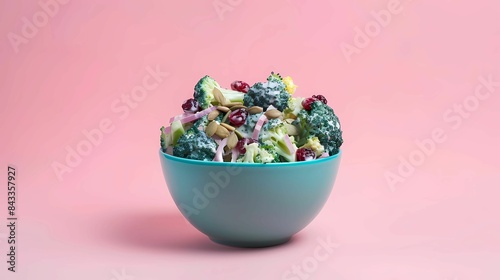 A bowl of broccoli  radishes and radishes on a pink table.