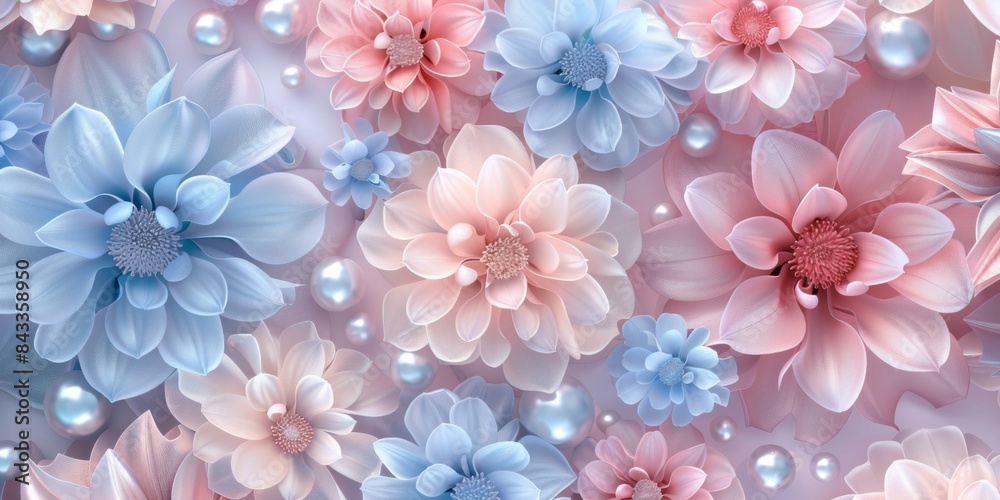 pink and blue pastel floral pattern with large flowers and pearls pink and blue pastel floral pattern with large flowers and pearls