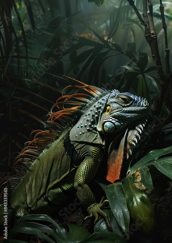 Green Iguana in Tropical Rainforest - A vibrant green iguana perched on a branch in a tropical rainforest  showcasing its intricate scales and colorful spines in natural habitat.