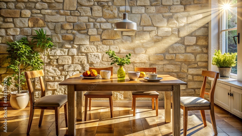 Fototapeta premium A beautiful dining room with a large wooden table, chairs, and a stone wall in the background. the room is filled with sunlight and there are plants on the table.