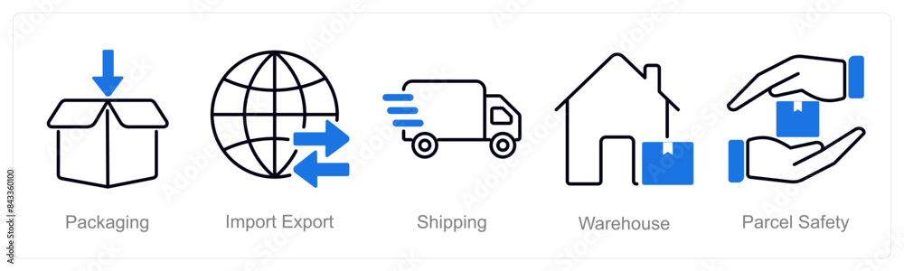 A set of 5 Logistics icons as packaging, import export, shipping A set of 5 Logistics icons as packaging, import export, shipping