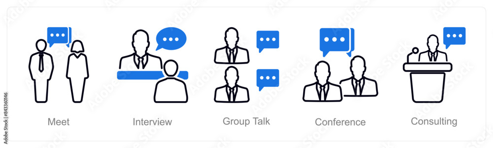 A set of 5 Meeting icons as meet, interview, group talk A set of 5 Meeting icons as meet, interview, group talk