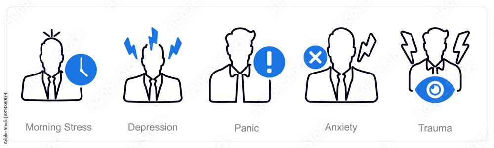 A set of 5 Mental Health icons as morning stress, depression, panic A set of 5 Mental Health icons as morning stress, depression, panic