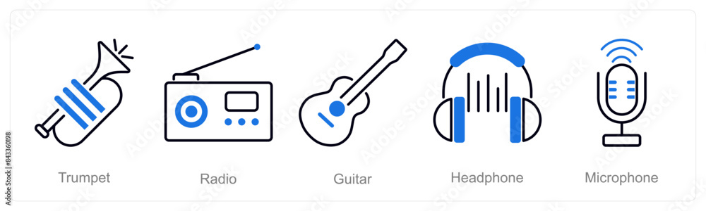 A set of 5 Music icons as trumpet, radio, guitar A set of 5 Music icons as trumpet, radio, guitar
