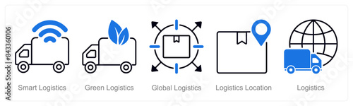 A set of 5 Logistics icons as smart logistics, green logistics, global logistics