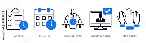 A set of 5 Meeting icons as planning, schedule, meeting time
