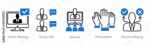 A set of 5 Meeting icons as online meeting, group talk, seminar