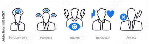 A set of 5 Mental Health icons as schizophernia, paranoia, trauma