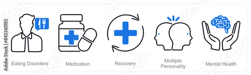 A set of 5 Mental Health icons as eating disorders, medication, recovery