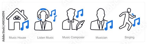 A set of 5 Music icons as music house, listen music, music composer