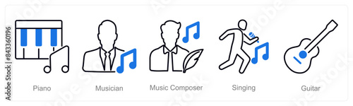A set of 5 Music icons as piano, musician, music composer