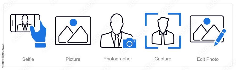 A set of 5 Photography icons as selfie, picture, photographer A set of 5 Photography icons as selfie, picture, photographer
