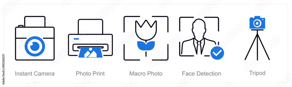 A set of 5 Photography icons as instant camera, photo print, macro photo A set of 5 Photography icons as instant camera, photo print, macro photo