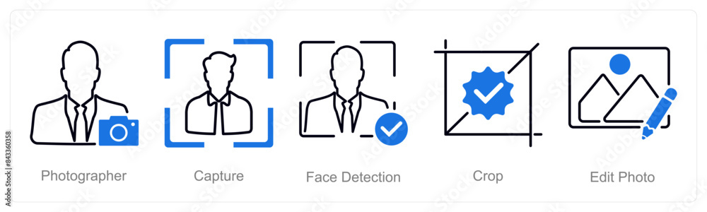 A set of 5 Photography icons as photographer, capture, face detection