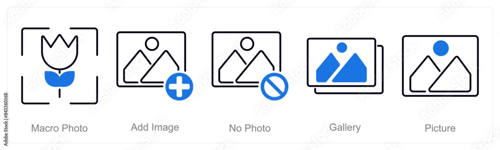 A set of 5 Photography icons as macro photo, add image, no photo A set of 5 Photography icons as macro photo, add image, no photo