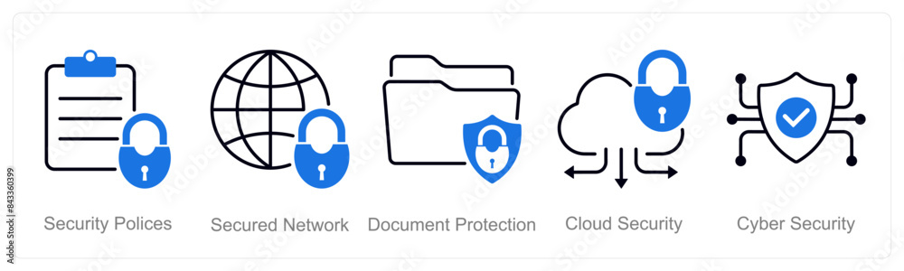 A set of 5 security icons as security policies, secured network, document protection A set of 5 security icons as security policies, secured network, document protection