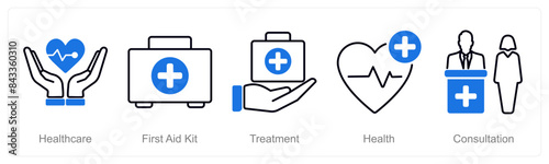 A set of 5 Pharmacy icons as health care, first aid kit, treatment