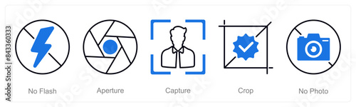 A set of 5 Photography icons as no flash, aperture, capture