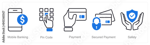 A set of 5 security icons as mobile banking, pin code, payment