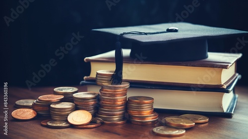 Education costs and investment concept: scholarship and education loan with graduation cap on coins representing financial planning for school and university levels

 photo