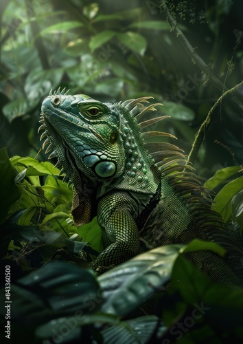 Green Iguana in Tropical Rainforest - A vibrant green iguana perched on a branch in a tropical rainforest  showcasing its intricate scales and colorful spines in natural habitat.