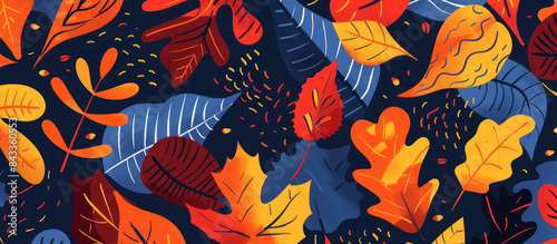 Hand drawn flat illustration of colorful autumn leaves pattern on navy background