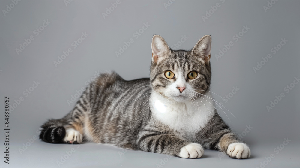 Portrait of a American wirehair cat laying on the floor with gray background, Fluffy short hair kitty. Adorable domestic pet concept. Portrait of a American wirehair cat laying on the floor with gray background, Fluffy short hair kitty. Adorable domestic pet concept.