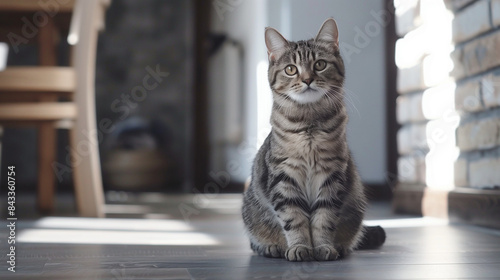 Portrait of a American wirehair cat sitting on the floor with home background, Fluffy short hair kitty. Adorable domestic pet concept. photo