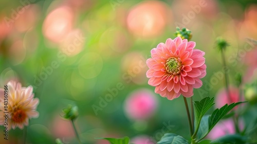 A flower of life in natures field, birght pink and green colors photo