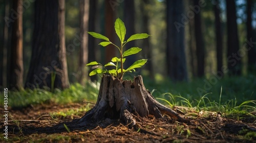 Young green tree tree branch emerging growing from old tree stump young beautiful forest eco landscape