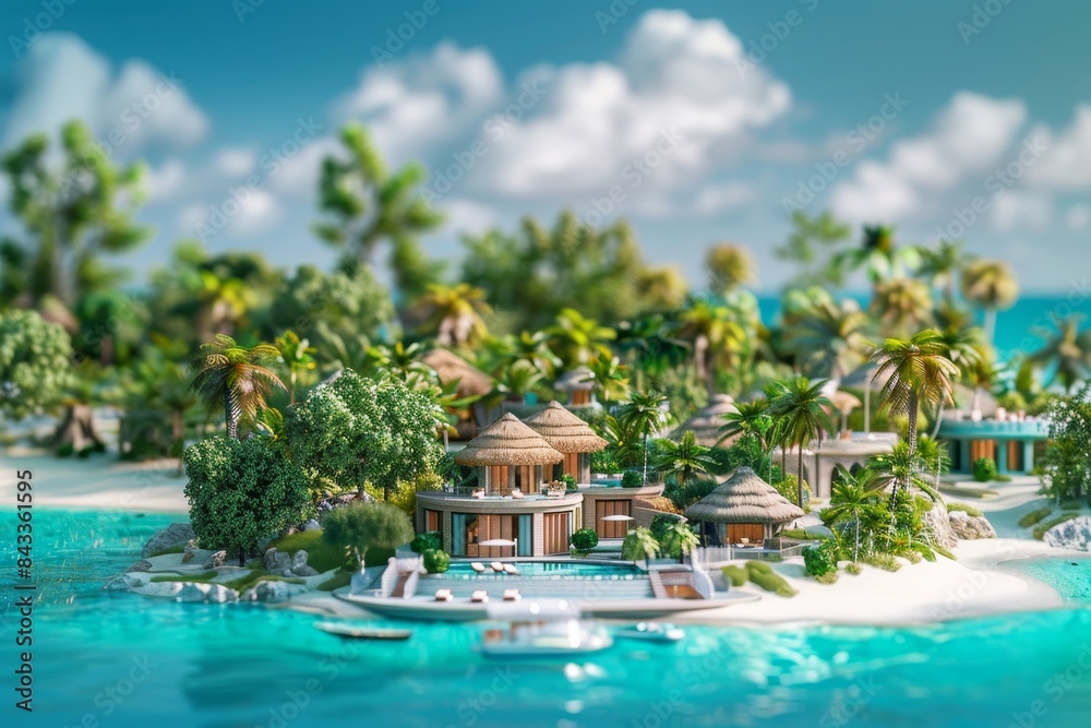 3d illustration of resort in the tropical island bokeh style background 3d illustration of resort in the tropical island bokeh style background