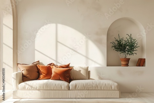 Stylish Loft Living: Beige Sofa, Terra Cotta Pillows, Arched Window, Stucco Wall, Copy Space in Modern Home Interior Design