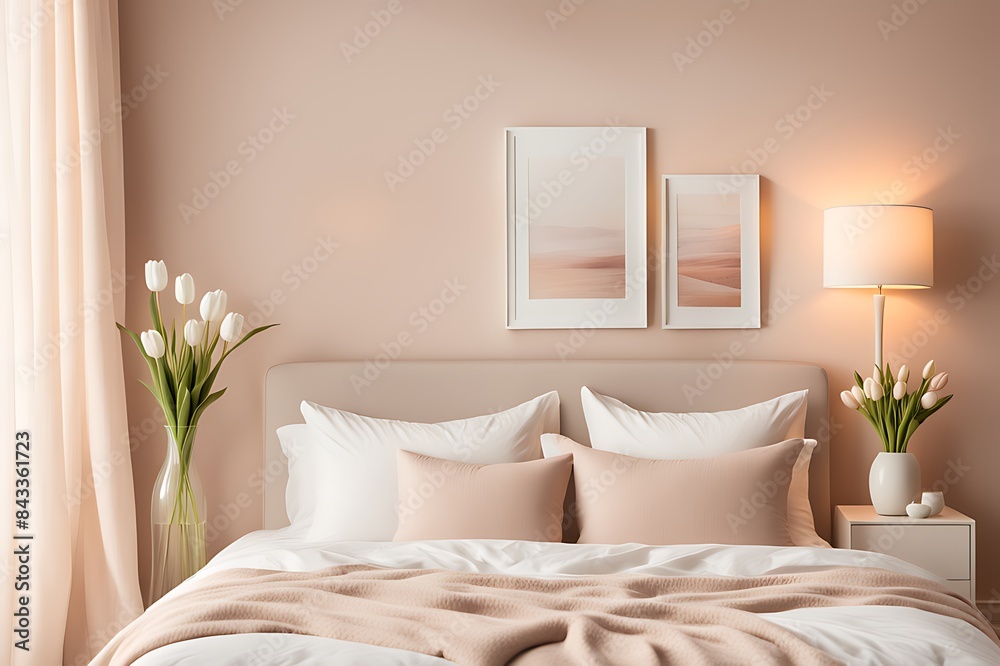 Mockup white empty frame in light cozy and simple bedroom interior background, 3d render