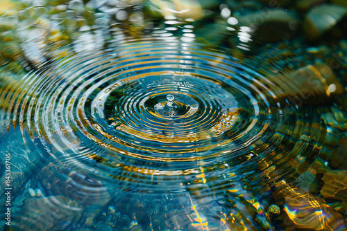 Serene image of ripples on a pond's surface or water droplets creating concentric circles