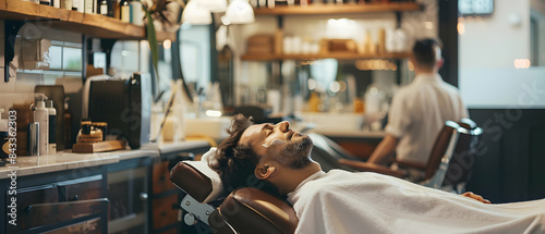 A serene moment in a barber shop, with a client relaxing in a chair while receiving a hot towel treatment, capturing the essence of luxury and self-care
