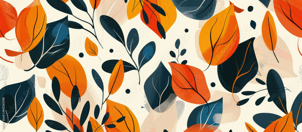Seamless hand drawn leaf pattern in flat design style with orange and black colors on white background Seamless hand drawn leaf pattern in flat design style with orange and black colors on white background