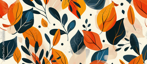 Seamless hand drawn leaf pattern in flat design style with orange and black colors on white background