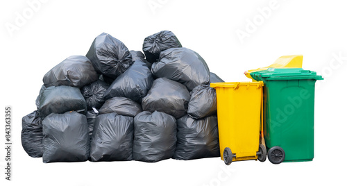 Front view of giant stack of garbage in black plastic bag with wheeled plastic bin or can isolated with clipping path in png file format