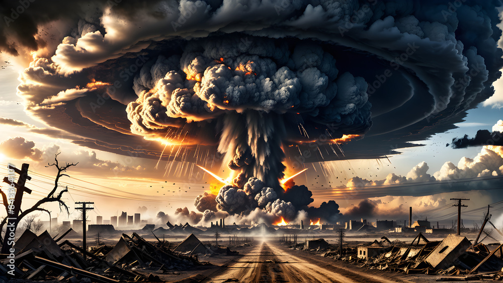Huge nuclear bomb explosion, end of the world, doomsday in a post ...