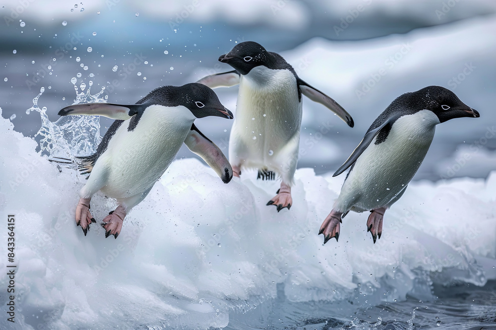 Fototapeta premium Adelie penguins leaping out of the water onto an ice edge in their natural habitat