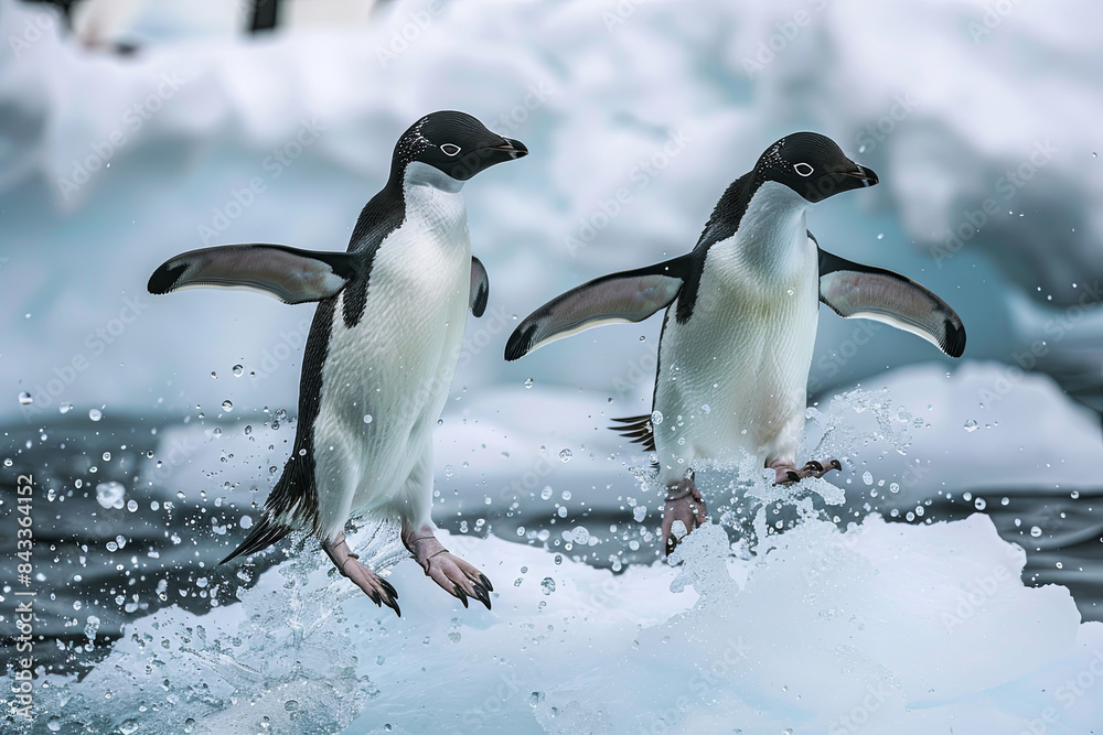 Obraz premium Adelie penguins leaping out of the water onto an ice edge in their natural habitat